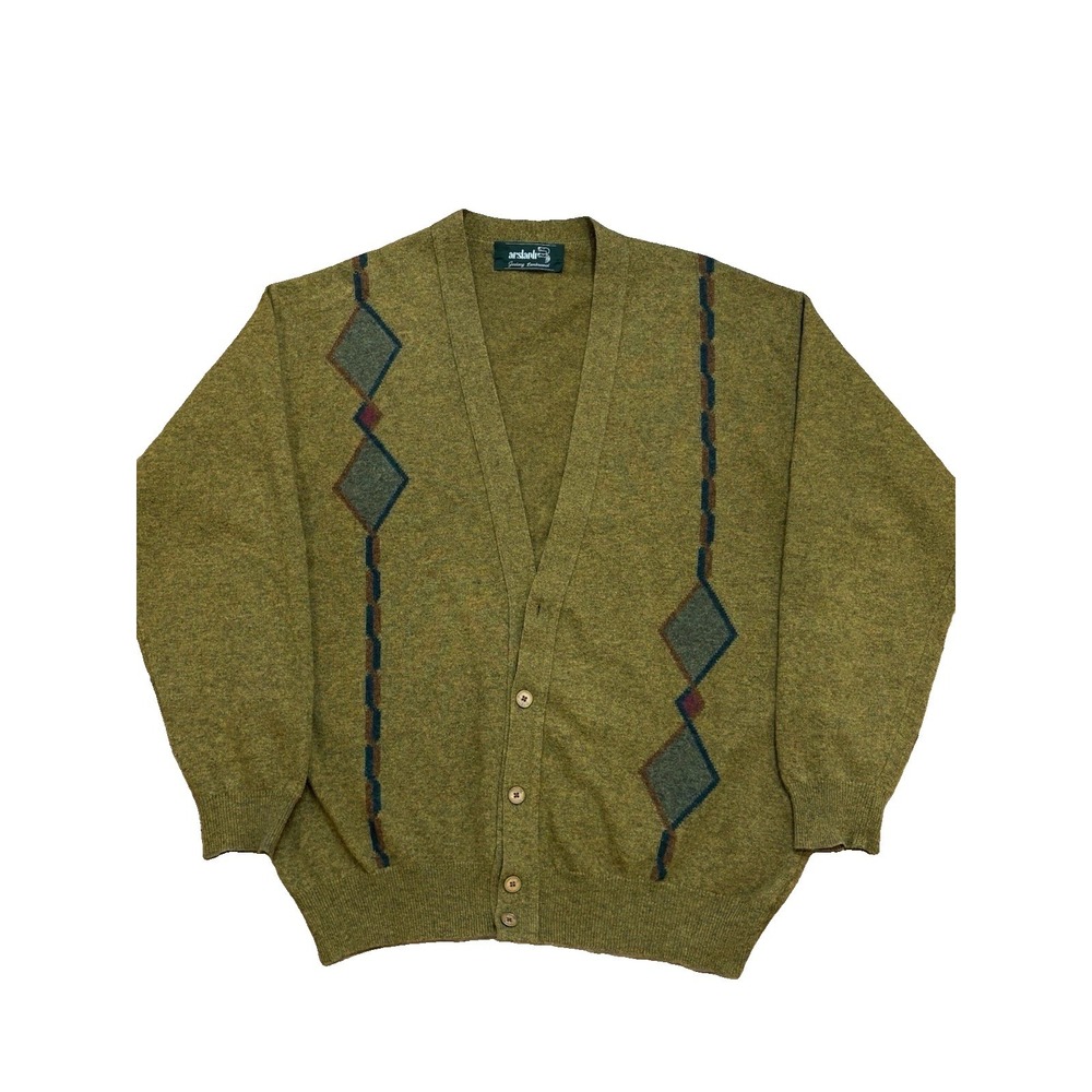 Vintage Arslanli Geelong Lambswool Cardigan Sweater Mens Large Mustard Diamond